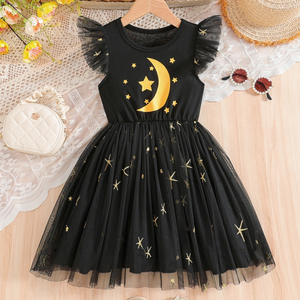 Girls' export mesh dress - black flutter sleeve star print round neck sleeveless princess tutu dress