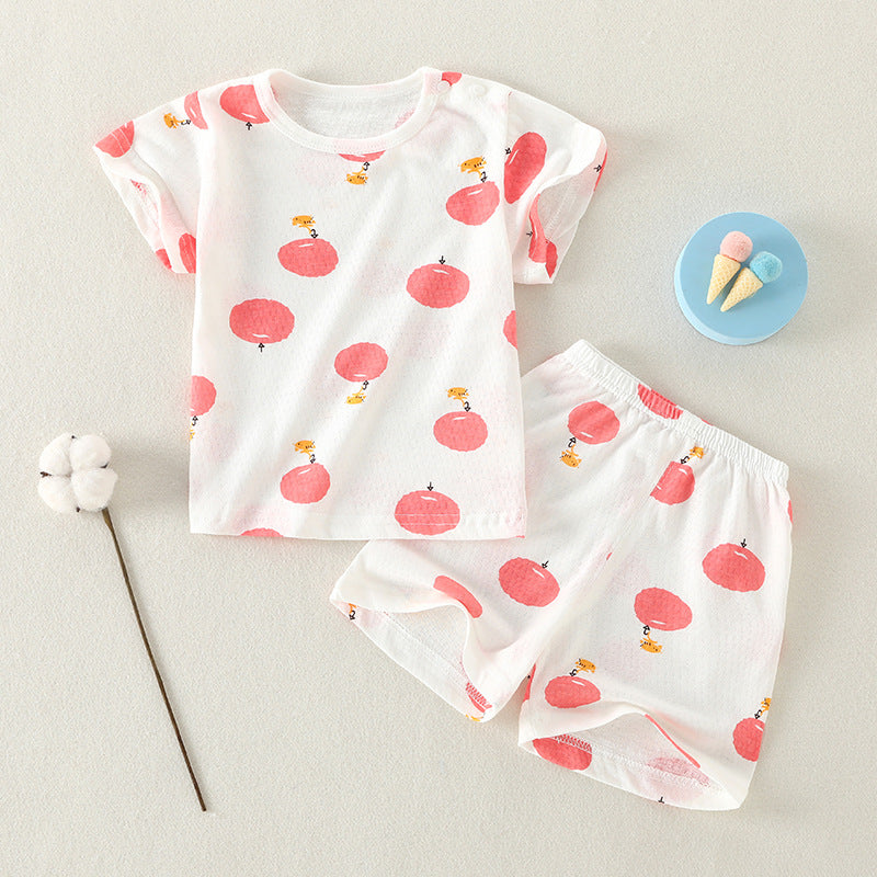 Baby short-sleeve set, one-year-old summer outfit, girls' ice silk top and shorts, lightweight summer two-piece set, 100% cotton