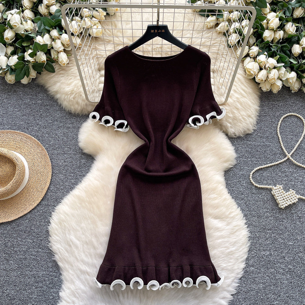 Xiaoxiangfengclassy contrast colorbows strappy long sleevesdress women's metal buckle waist slimming lookknitting short skirt