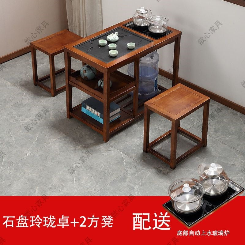 Solid wood balcony tea table small coffee table tea table and chair combination all-in-one complete set with water kettle stone plate zhuo casual