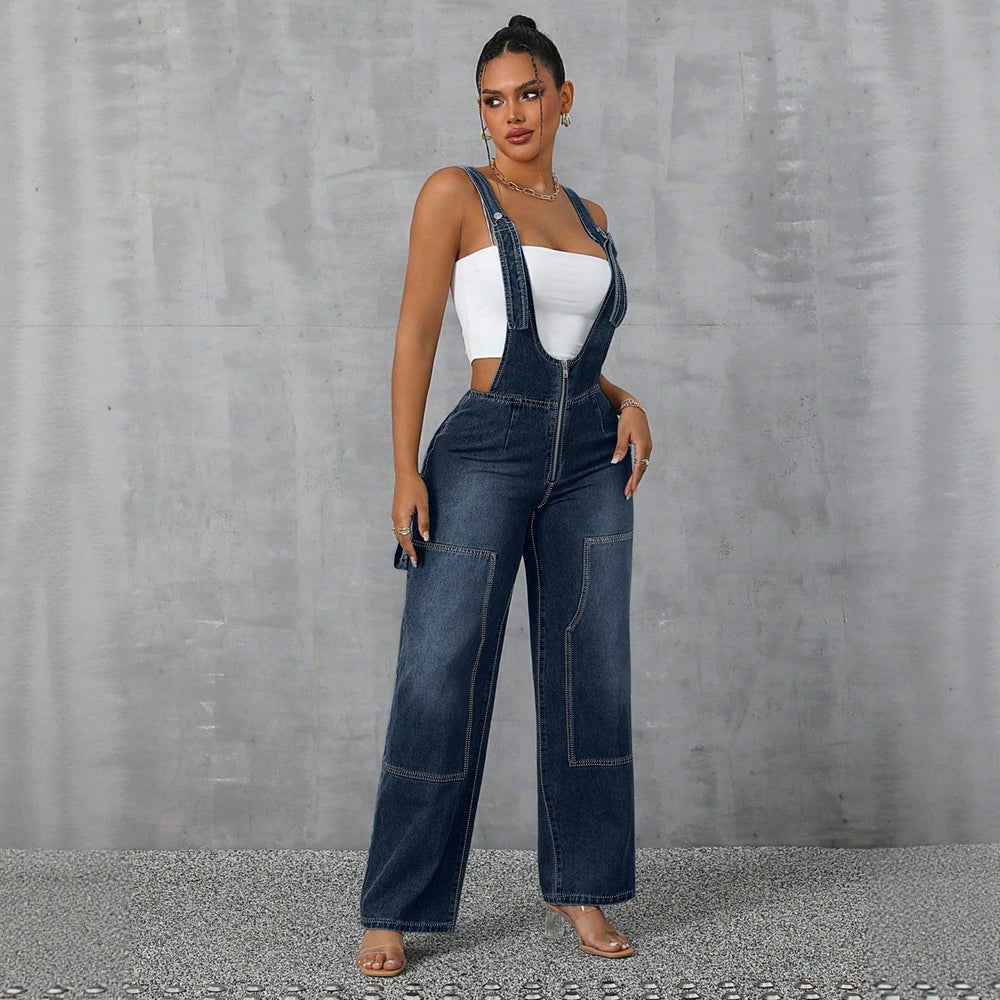50-65610#  women's fashion european and american style spicy girl overalls jumpsuit wide leg straight leg denim pants
