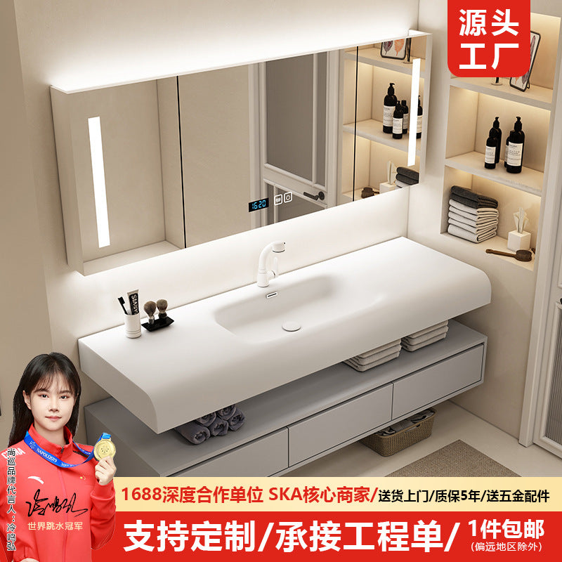 Qimei stone skin feeling integrated basin, simple wind bathroom, hanging cabinet, bathroom, wash basin, washstand, bathroom cabinet combination