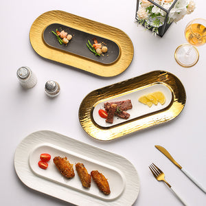 Nordic creative electroplated embossed dinnerware ceramic long plate sushi plate western pastry dessert oval serving tray