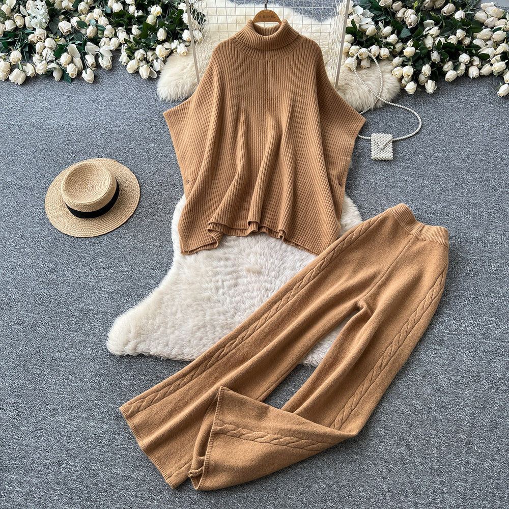 Lazy style knittingtwo-piece set for women autumhigh collartopsloose pants silmslimming looksweaterwork clothingsuit