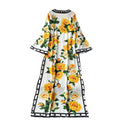 European and american style high-end flared long sleeve dress - women's luxury retro print round neck slit loose elegant maxi dress