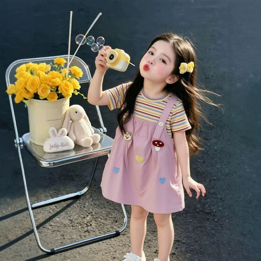 Girls' overalls dress set - summer  new collection: kids' fashion striped short-sleeve summer style, sweet baby two-piece look