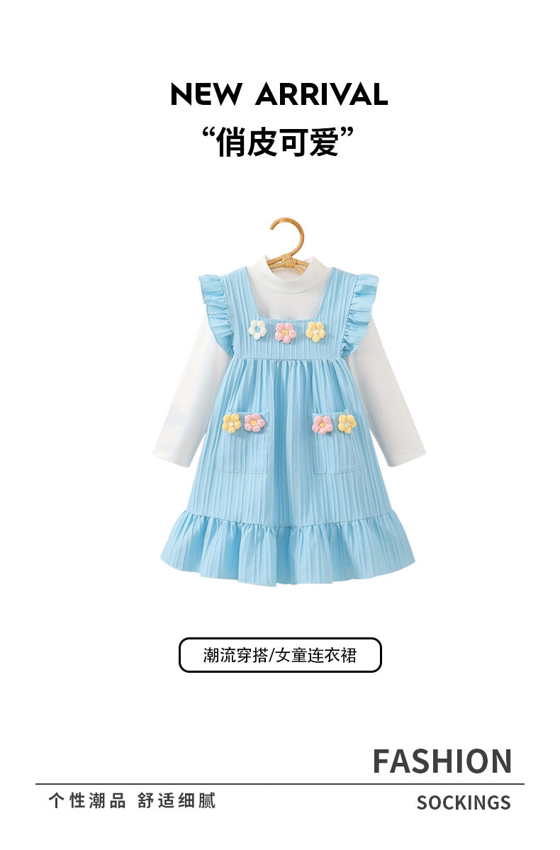 Autumgirldress sky blue cute flying sleeves knittingstereo flower embroiderlong sleeves bottom shirttwo-piece set