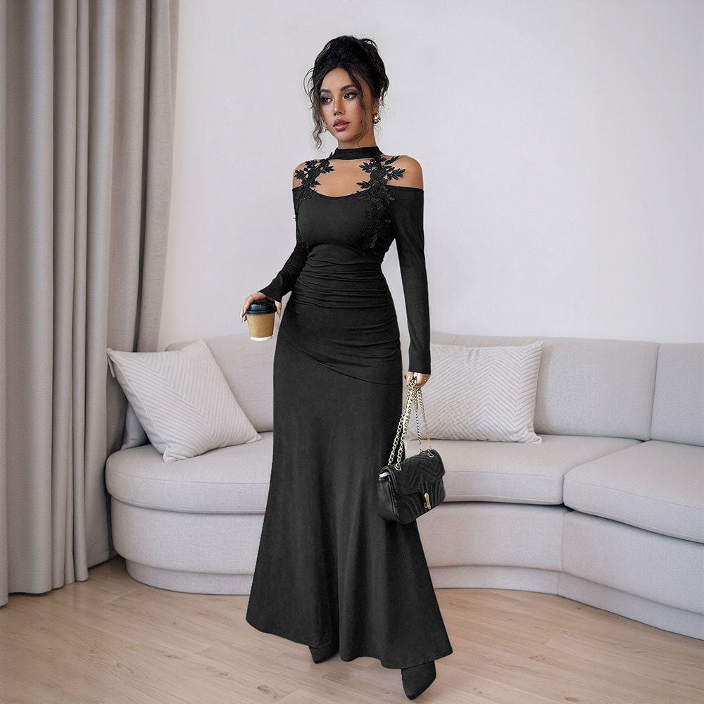 export high-end socialite style spring/summer new long-sleeved slim-fit bodycon black lace dress for women - early summer collection