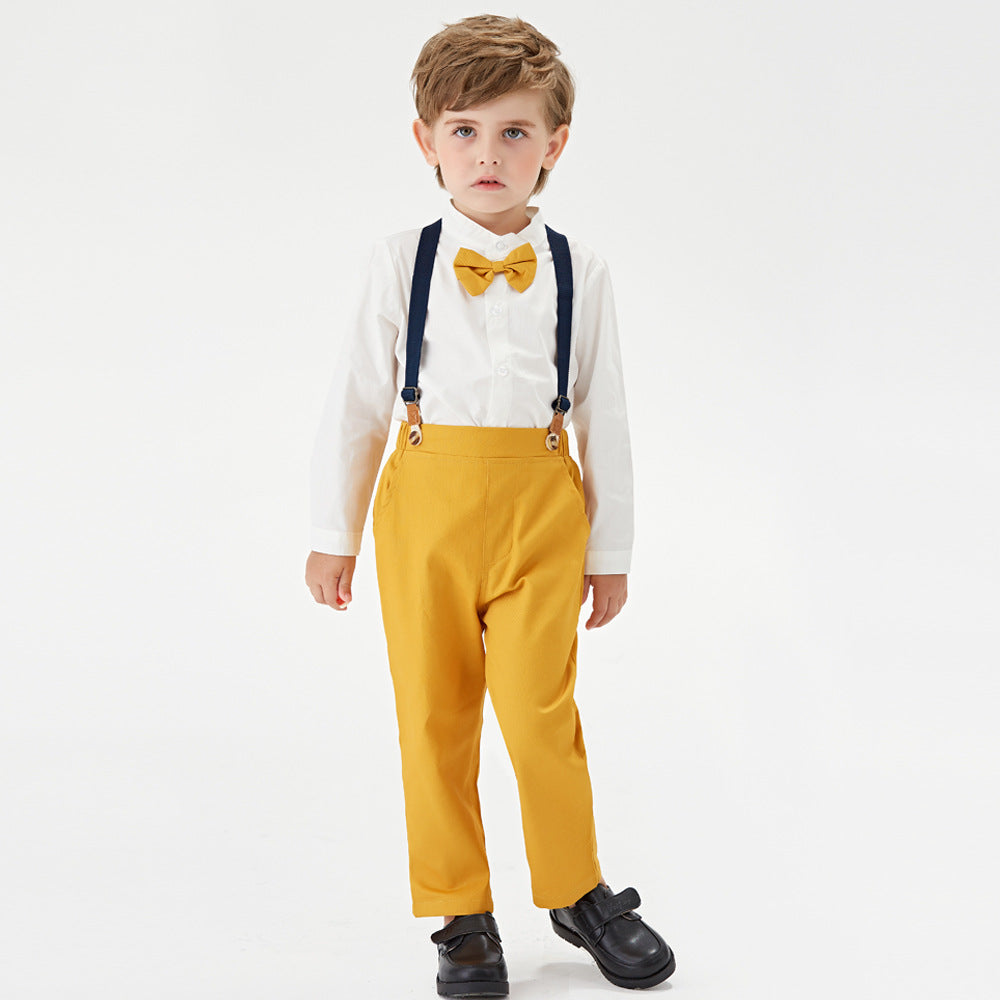 Autumn new korean style boys' outfit: long-sleeved stand collar white shirt and suspender pants, gentleman's two-piece set for kids