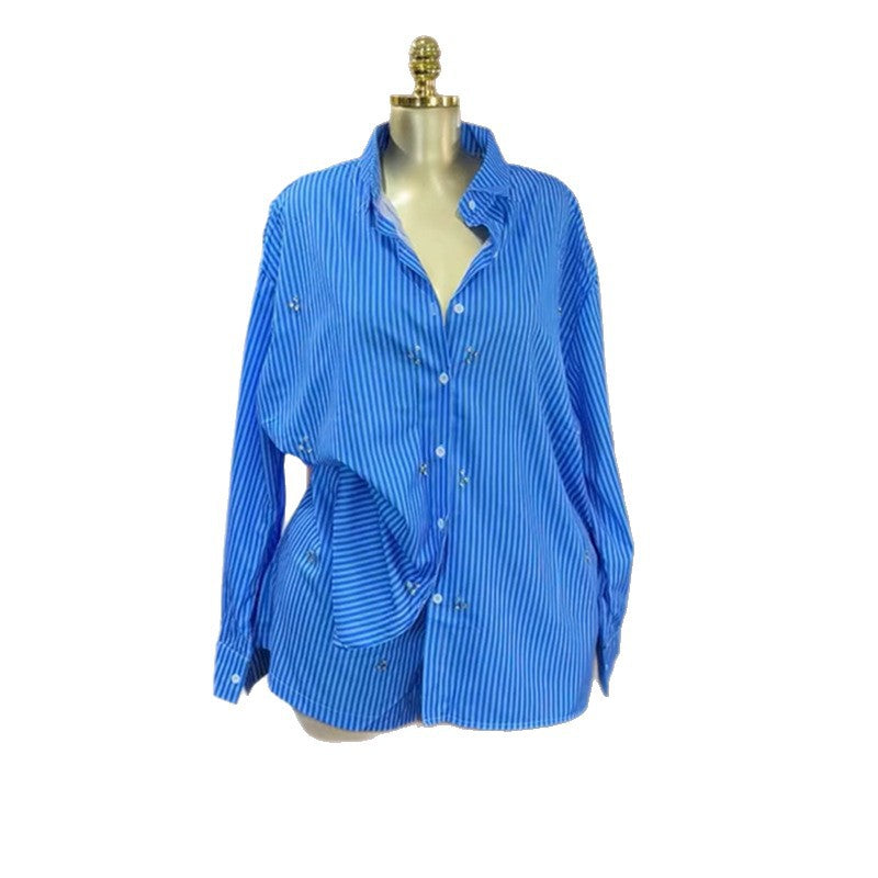 European and american cross-border women's fashion  autumn new arrival casual rhinestone-embellished long-sleeve blue striped shirt and high-waisted shorts set