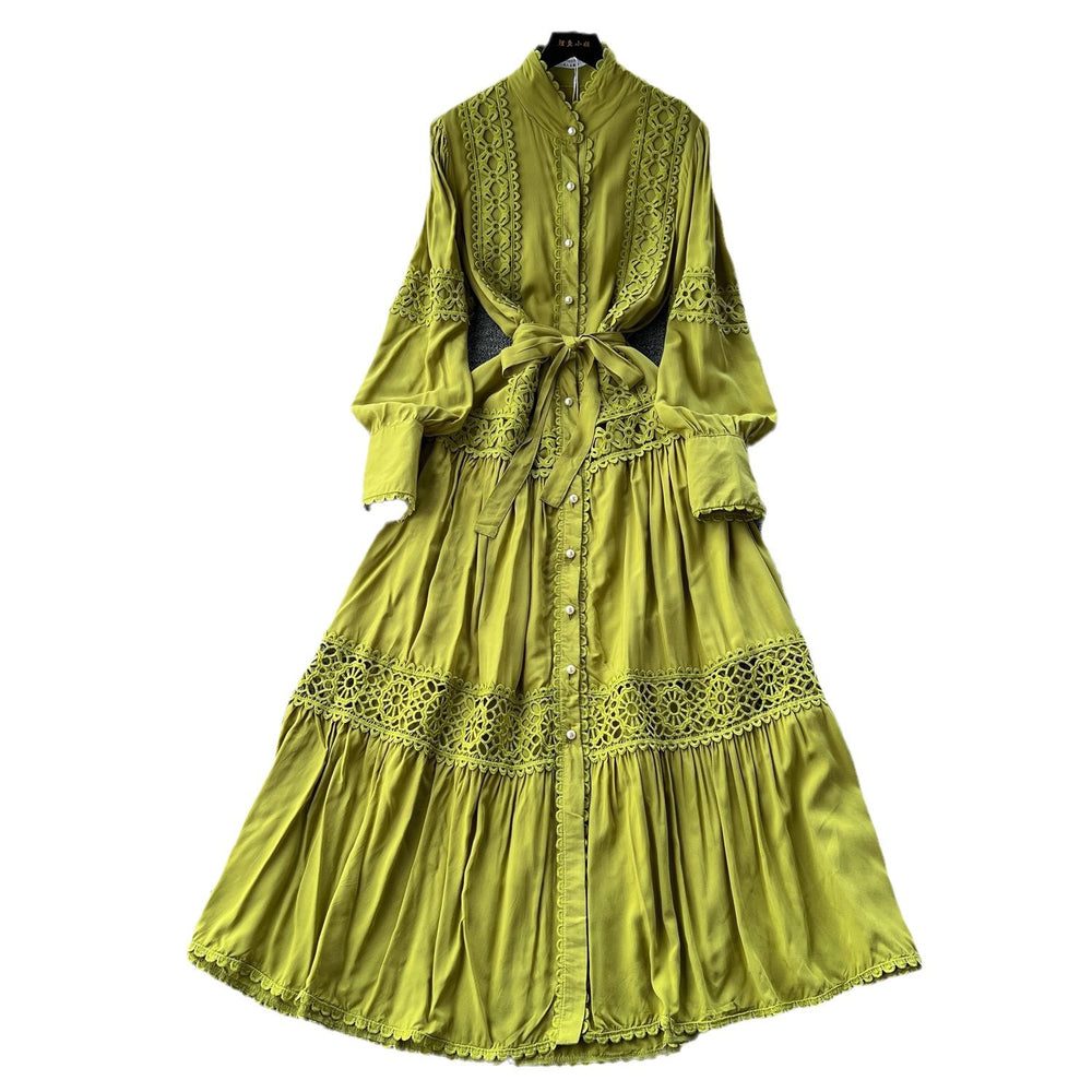 Frenchclassyretrolacepatchwork pearl single breasted slimmingelegant stand collar lantern sleeve large swing dress