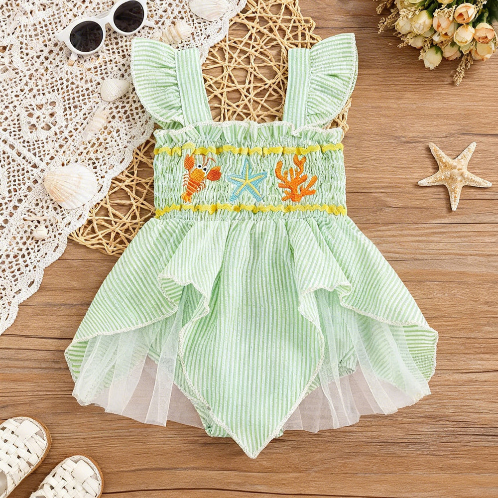 Baby girl cute ocean-themed ruffle plaid patchwork mesh romper dress