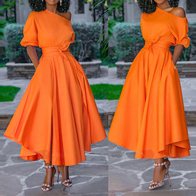 summer new cross-border e-commerce  european and american style women's one-shoulder tie-waist midi dress/midi skirt