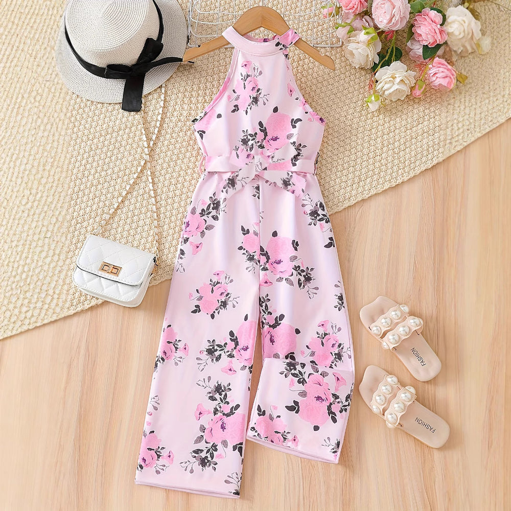 European style girls' summer outfit: halter neck romper with pink rose print and belt - trendy children's clothing