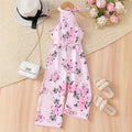 European style girls' summer outfit: halter neck romper with pink rose print and belt - trendy children's clothing