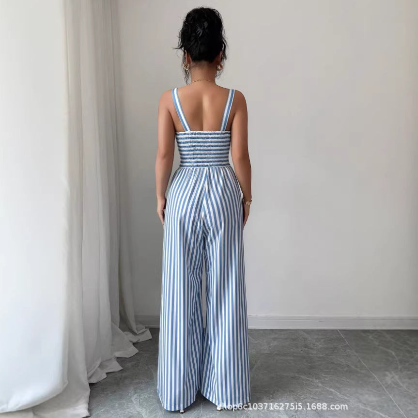 European and american cross-border women's fashion:  summer new arrivals - stylish casual striped cutout slim-fit open-back jumpsuit