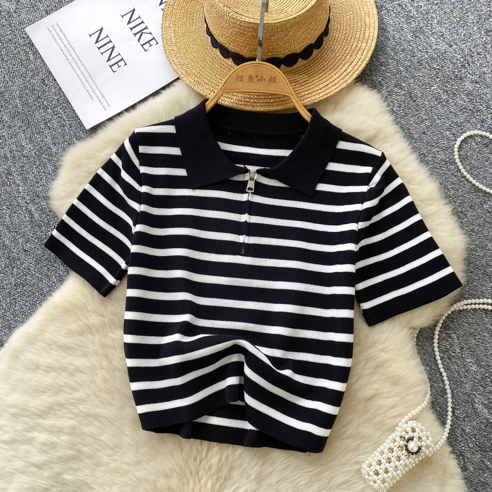 Women's short-sleeve knit top -  summer korean style, trendy color block striped tee, versatile top