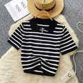 Women's short-sleeve knit top -  summer korean style, trendy color block striped tee, versatile top