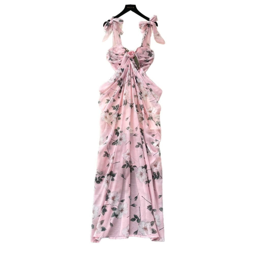 French riviera style pink floral print cami dress - women's summer bow detail, figure-flattering, slimming, elegant maxi dress