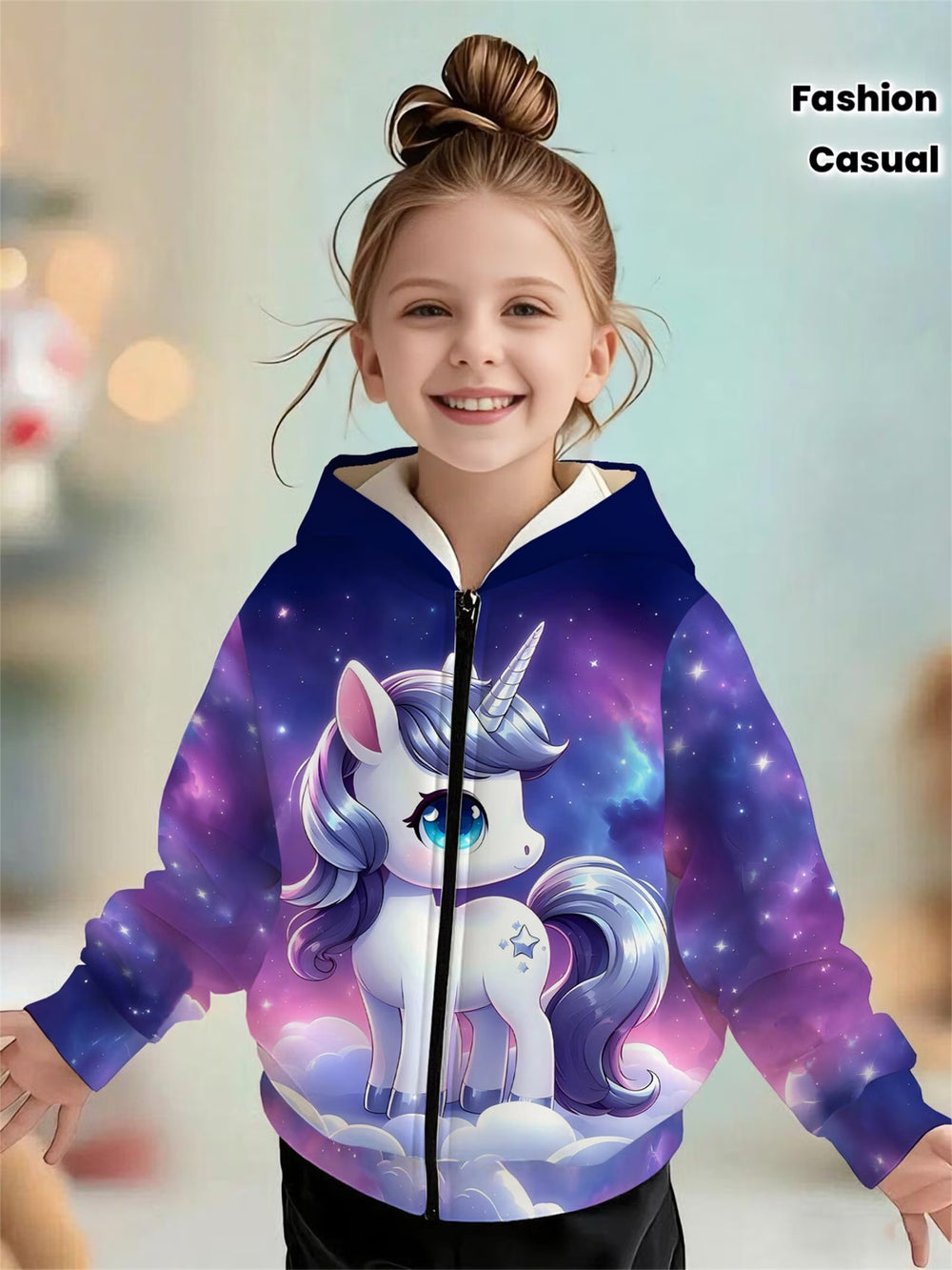 Kids' hoodie jacket, cross-border hot seller: cute cartoon print fashion zip-up hoodie for girls, dropshipping available