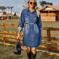 Fashion cross-border independent station  new washed denim loosecasual long sleeves with adjustable buckle dress