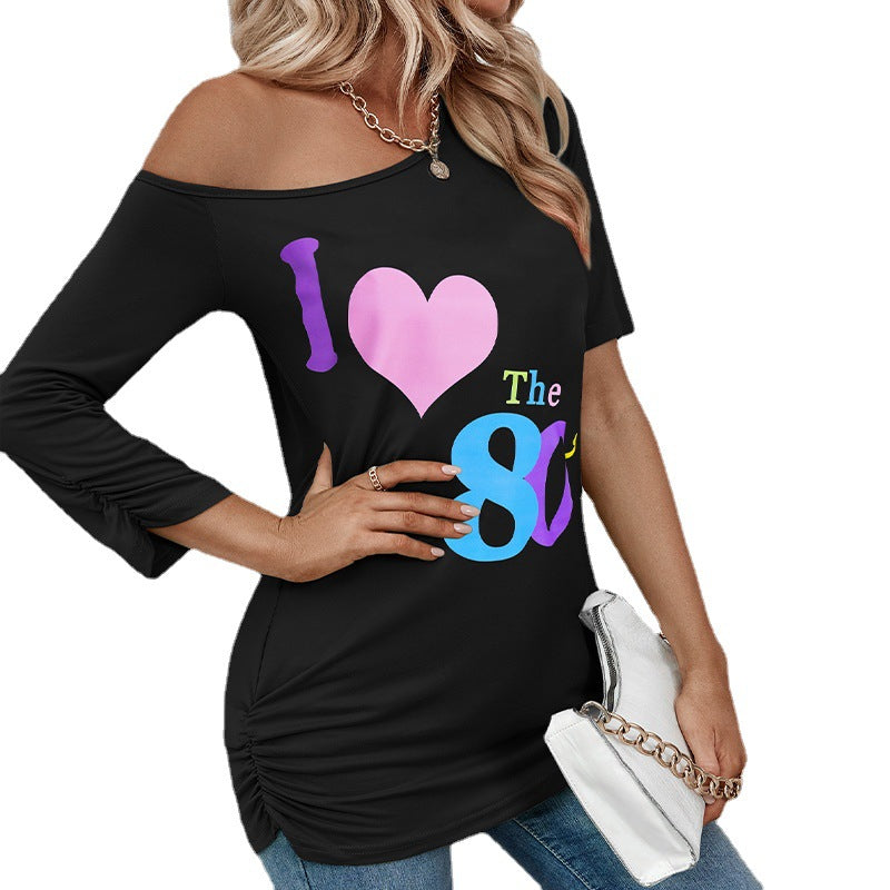 Autumn european and american lips 80s printing off shoulder asymmetrical sleeve length  fashion slim top t-shirt women