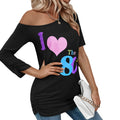 Autumn european and american lips 80s printing off shoulder asymmetrical sleeve length  fashion slim top t-shirt women