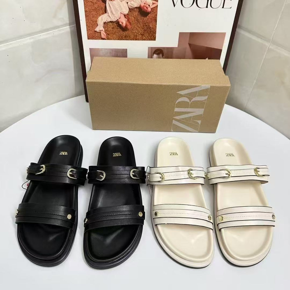 Za2025 summer new arrivals: women's double strap buckle round toe casual flat sandals