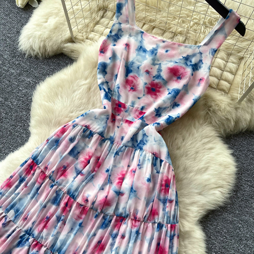 French riviera style printed cami dress - women's summer high-waisted a-line dress - slimming ruffle hem elegant maxi dress