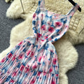 French riviera style printed cami dress - women's summer high-waisted a-line dress - slimming ruffle hem elegant maxi dress