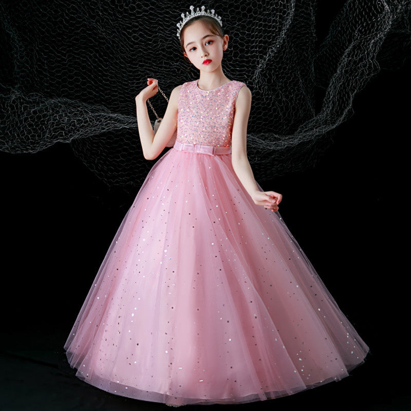 Custom children's long wedding dress gown tulle princess dress for girls ages 3-15, perfect for children's day performances