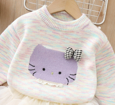 Girls' winter sweater: thickened inner layer with cartoon kitten design, knitted base layer, fleece-lined option, can be paired with a tutu skirt, crew neck