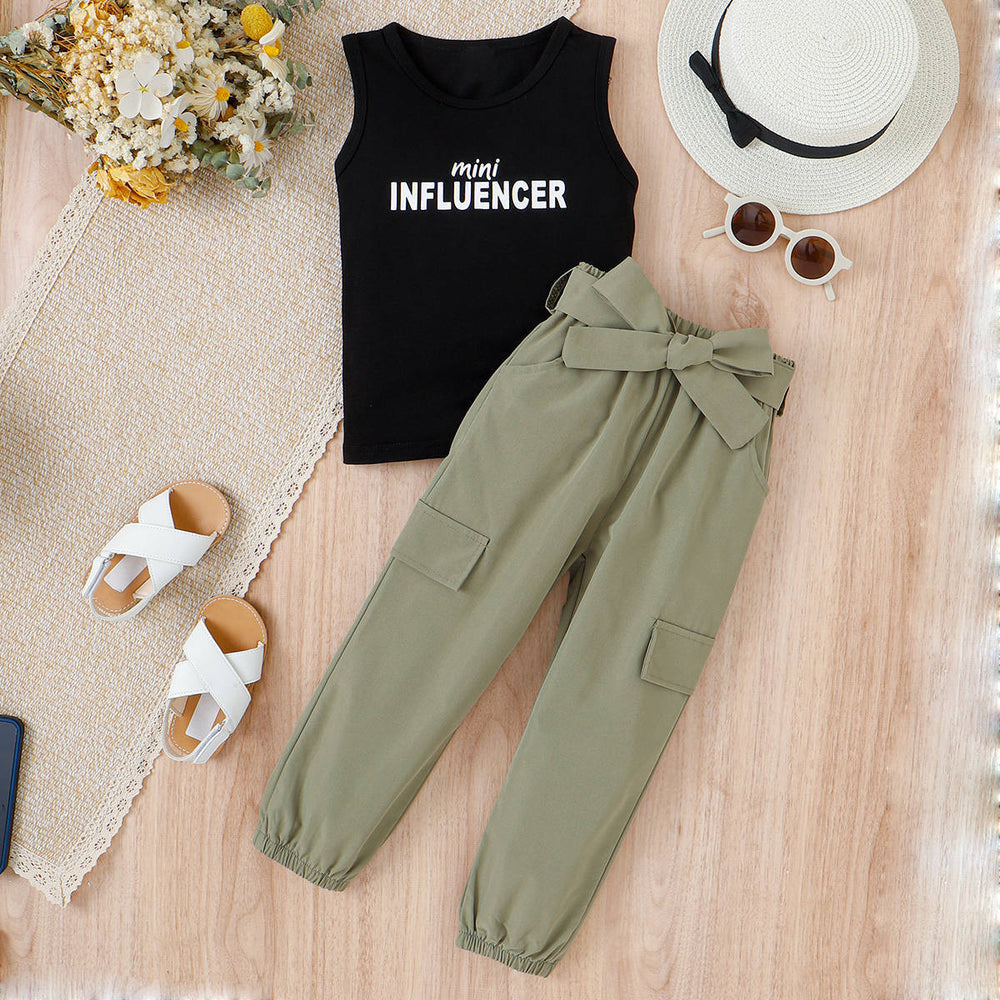 children's clothing, european and american style, girls' spring/summer sleeveless letter-print tank top and tie-up cargo pants two-piece trendy kids' outfit