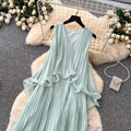 Elegant mint green sleeveless halter dress - women's early summer pleated ruffle trim slimming chic pleated maxi dress