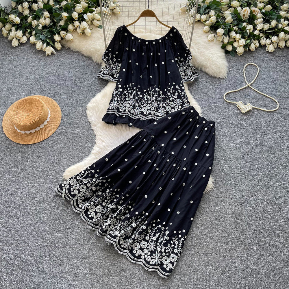 Heavy embroiderflower vest skirt elegancesuit women's summerslimming looklooseeleganttwo-piece setwork clothing style