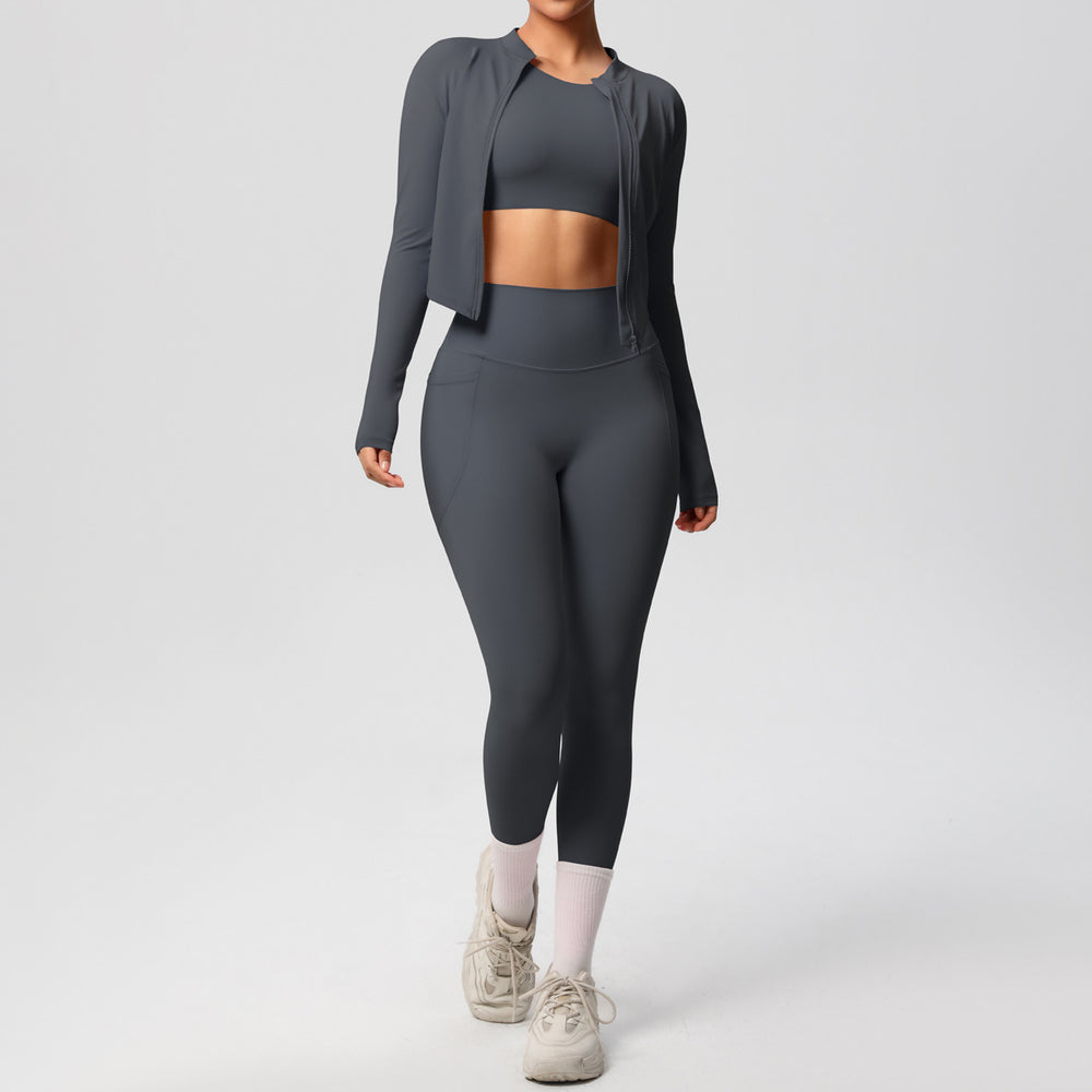 new cloud-soft brushed slim-fit long sleeve activewear set: includes a sporty jacket, casual peach lift leggings, and a yoga top – a three-piece workout outfit