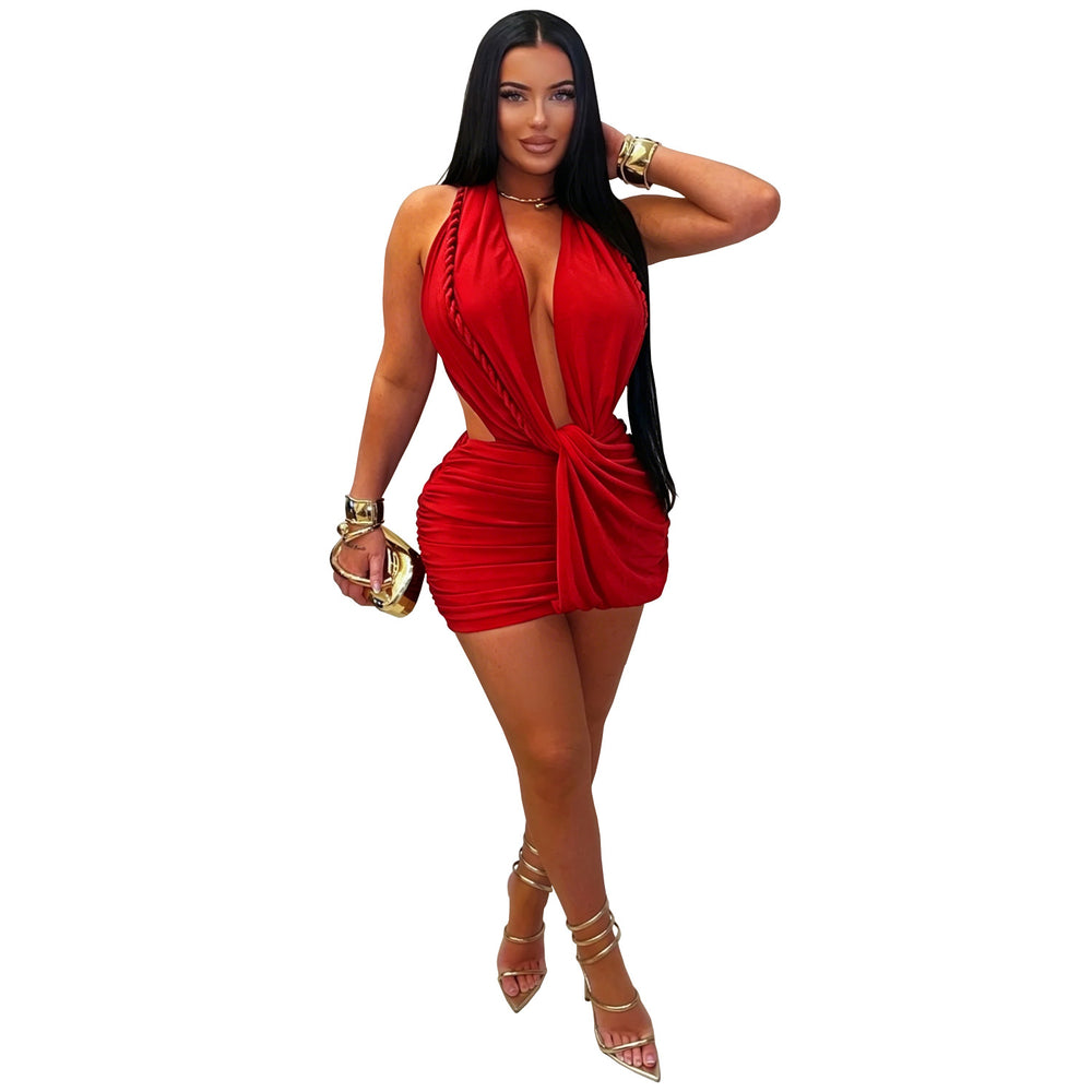 C7771 cross-border  new women's sexy deep v halter bodycon mini dress nightclub hot girl solid color dress