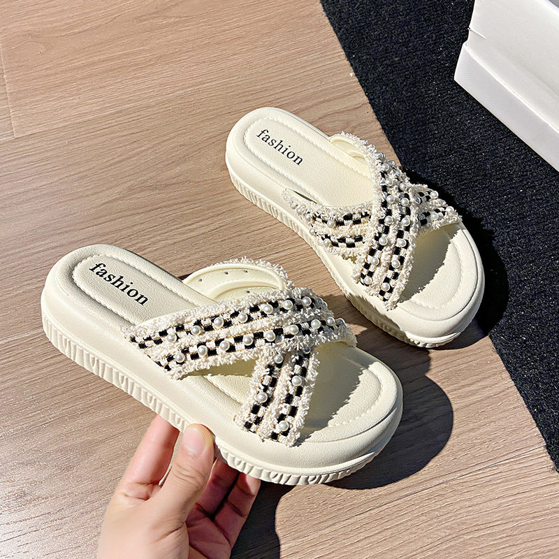 Women's summer sandals: new platform wedge slides, versatile chic style, pearl-embellished criss-cross thong sandals, trendy ins style