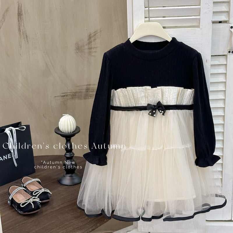 Girls' dress - new autumn  collection: elegant korean style tutu dress with bow detail, cinched waist, princess style, and tulle skirt for older girls