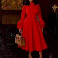 New plus size elegant midi a-line dress - mock neck, long sleeves, 3d floral sleeves, chic dress