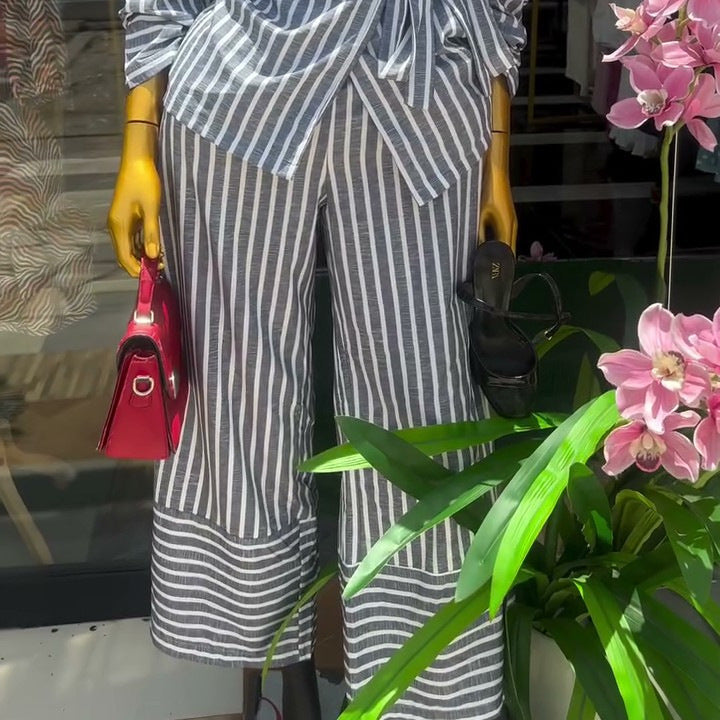 European and american cross-border women's fashion:  summer new arrivals - stylish casual striped tie-front shirt and high-waisted pants set