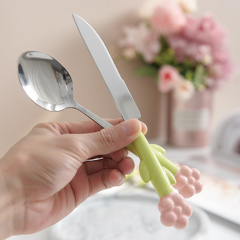 Creative stainless steel cutlery with ceramic handles - kids' dessert forks, multi-purpose western dinnerware, sunflower steak knife