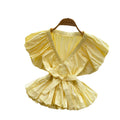 new french style bow tie v-neck ruched short sleeve blouse - korean style, chic, and youthful top for work and casual wear