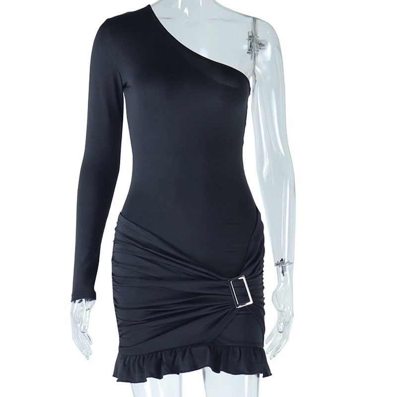 One shoulder oblique neck tight-fitting dresspure color long sleevesruffles hip skirt metal decoration pullover skirt elegance