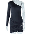 One shoulder oblique neck tight-fitting dresspure color long sleevesruffles hip skirt metal decoration pullover skirt elegance