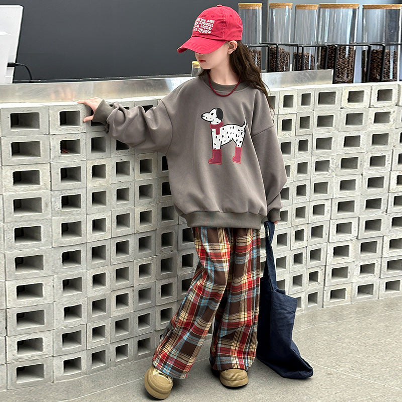 Girls' spring new arrival: sweatshirt and wide-leg pants set - loose fit, cute dog print, and plaid design for mid-to-large children