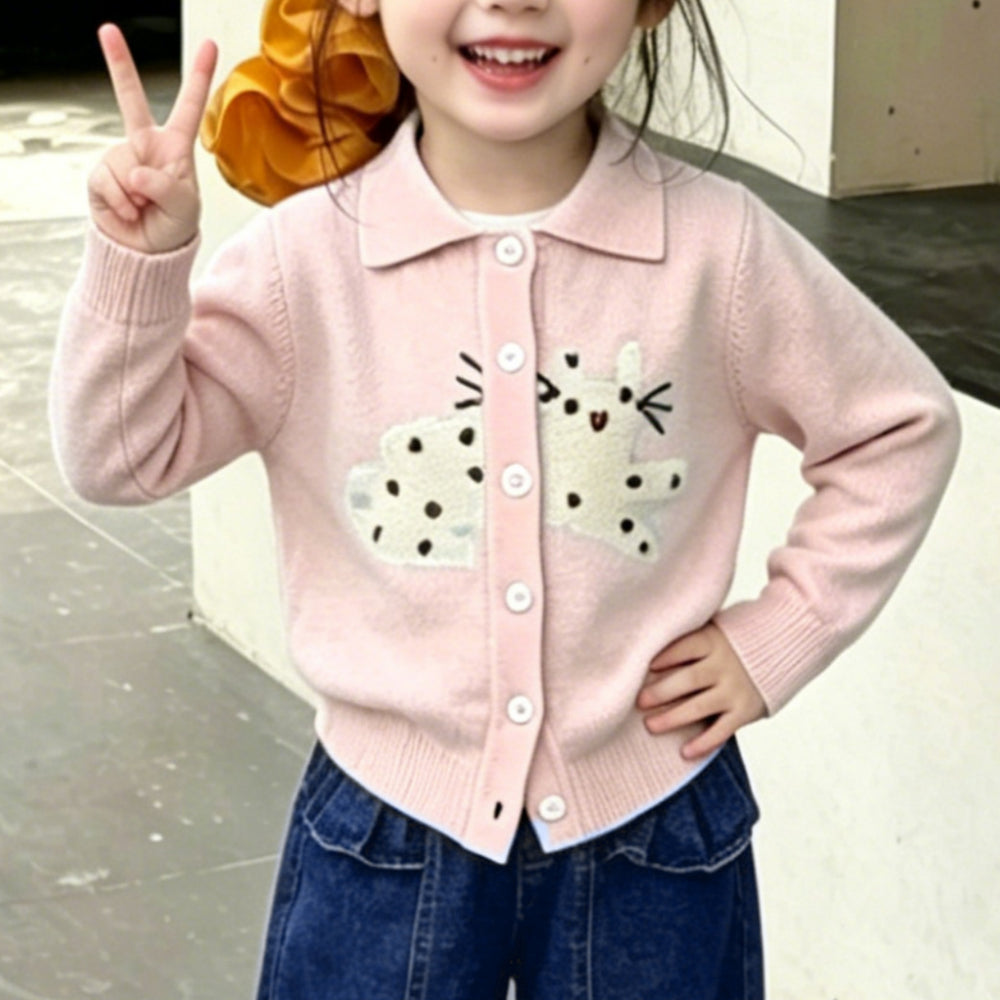 Girls' casual outfit:  autumn/winter cartoon kitten knit sweater, trendy and stylish two-piece set for kids