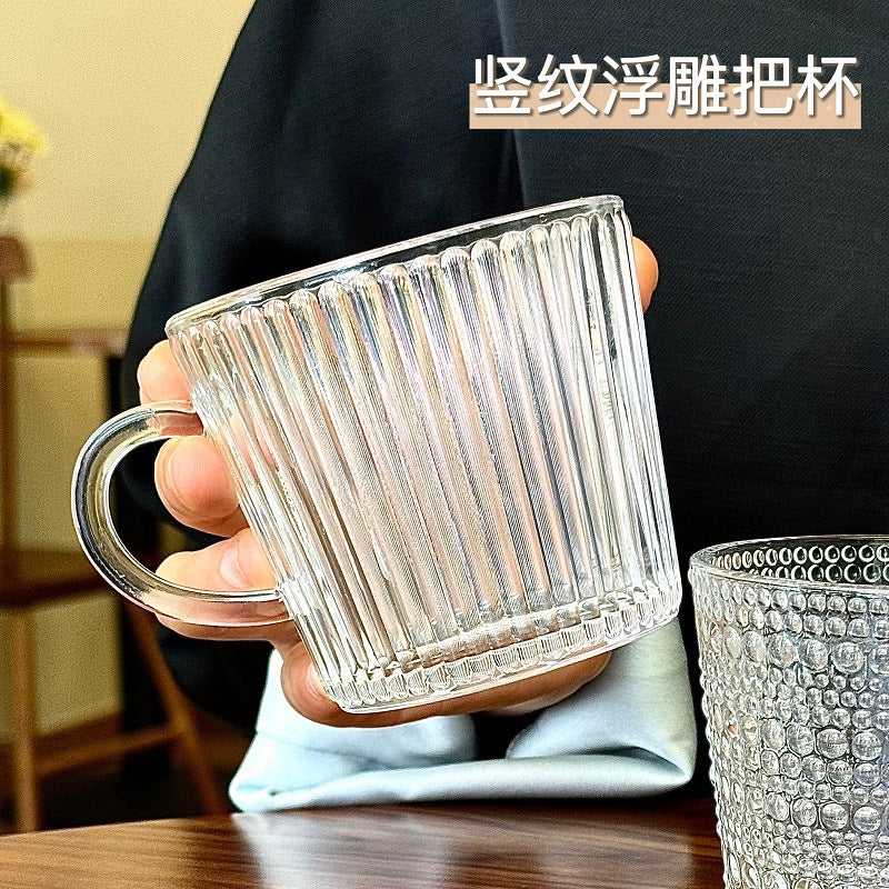 Ins glass cup with handle for home breakfast cup popular embossed water cup good-looking coffee cup souvenir cup