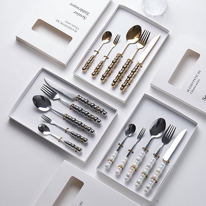 Luxury ceramic handle cutlery set - high-end stainless steel dinnerware gift box for home use - western style knives, forks, and spoons - perfect for gifting