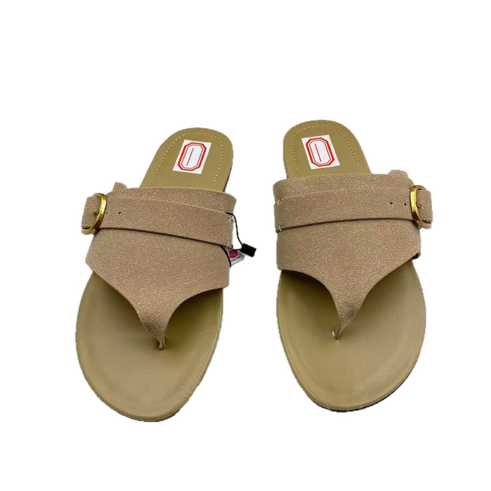 Za2025summer cross-border large metal hardware ring buckle slippers pure colorcasualeasiest for match round toe thick sole shoes